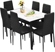 [Luxsuite] 7pcs Dining Table Set Marble Tabletop Rectangular 120cm High Gloss Marble Effect Top Dinner Tables 6 Seater with Tapered Metal Legs Dining Room Home Lounge Kitchen Black & White