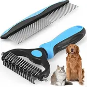 Mumoo Bear Pet Grooming Combo - Blue Deshedding Brush with Metal Comb for Detangling and Dematting Long, Matted Fur on Cats and Dogs