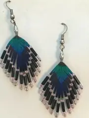 Peacock Feather Silver Beaded Earrings