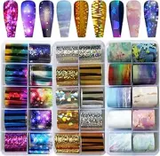 LoveOurHome 30 Sheet Holographic Nail Transfer Foils Marble Starry Sky Gold Silver Nails Art Foil Stickers Decals Manicure Fingernail Tattoo Decorations Accessories for Acrylic Tips Crafts