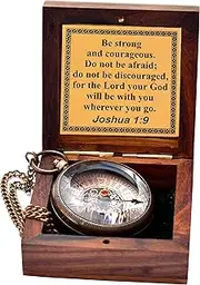 Solid Brass Directional Magnetic Compass Antique Nautical Vintage Quote Engraved with Scripture Psalm 32:8 & Joshua 1:9, Baptism Gifts with Rosewood Case & Leather case for Son, Father