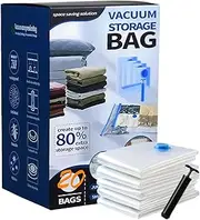 20 Pack Vacuum Storage Bags, Space Saver Bags (8 Small 6 Medium 4 Large 2 Jumbo) With Hand Pump Compression Bags Vacuum Seal Bags for Clothing, Comforters, Blankets, Bedding