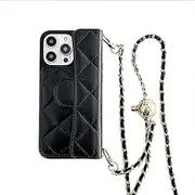 for iPhone 15 Pro Crossbody Adjustable Lanyard Phone Case Wallet Card Slot Holder Leather Cover(for iPhone 15 Pro/Black)