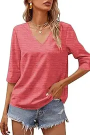 [Fisoew] Women's Summer Shirts, Medium Sleeves, V-Neck T-Shirts, Simple Solid Loose Casual Tee Tops, Women's T-Shirt, red, L