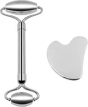 Roller and Gua Sha Set, Stainless Steel Anti-Puffiness Face Roller, Unbreakable Skin Tightening Gua Sha Massage Kit for Face, Arm, Leg