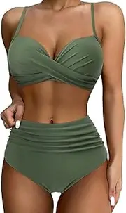 [Holcuva] Twist High Waisted Bikini for Women Cross Lace Up Bathing Suit Ruched Bikini Swimsuits Tummy Control Swimwear