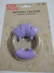 Nuby Natural Teether - Wood + Silicone - Cute Purple Hippo - BPA Free - 3m+
