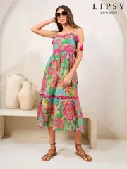 Lipsy Pink Floral Metallic Petite Printed Ric Rac Trim Cami Midi Dress ' (AW7764) | $129