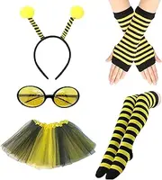 Homiliky 7 Pcs Bee Costume Set for Adults Bumble Bee Fancy Dress Set Including Sunglasses Headband Leg Sleeves Long Gloves Bee Dress For Role Play Cosplay Dress Up Party