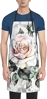 LHBWCVN White Watercolor Floral Rose Apron for Adults, Waterproof Cooking Aprons with 2 Pockets, Adjustable Bib Apron for Dishwashing, Long Kitchen Apron for Women Men Work Aprons for Dog Grooming