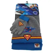 DC SuperMan Boys Size OS Gray Blue Knit Beanie Hat Gloves Scarf 3 Piece Set