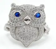 Owl 2CT Sapphire & Topaz 925 Sterling Silver Ring Sz 9 UB2-3
