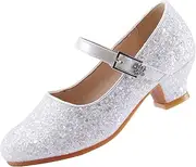 [EIGHT KM] EKM7015 Girls' High Heel Dress Shoes Mary Jane Princess Wedding Pumps Sparkling Glitter Smooth Shoes for Children Toddler, Cinderella White, 36 EU