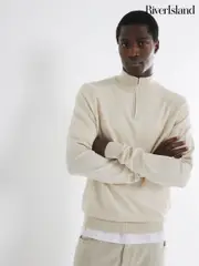 River Island Light Cream Slim Fit Waffle Half Zip Jumper (AW7901) | $69
