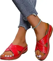 Ladies Orthopaedic Sandals Vintage Wedge Heel Slippers Summer Peep Toe Slippers PU Leather Slippers Rubber Platform Slippers Leisure Beach Shoes,40,Red