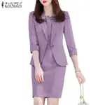 ZANZEA 女士韓國通勤圓領無袖連衣裙和西裝外套 2 件套