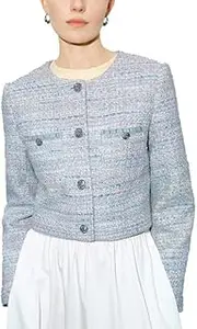 [URBAN REVIVO] Women's Long Sleeve Cropped Tweed Jacket with Pocket Button Slim Fit Work Office Short Tweed Blazer