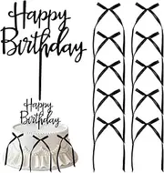 JJUNW 10Pcs Bowknot Cake Toppers, Bow Cake Decorations Picks With 1 Happy Birthday Cake Insert for Birthday Wedding Party Valentine's Day Cake Decoration (Black)