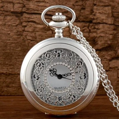Vintage Half Hunter Antique Silver Pocket Watch Quartz Necklace Chain Pendant US