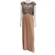 AIDAN MATTOX Pink Sequin Lace Jewel Embellished Neck Pleated Maxi Dress Gown 6