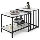 Set of 2 Nesting Coffee Table End Table Faux Marble Top Nightstand Modern White