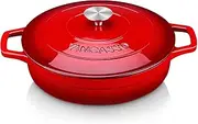vancasso Cast Iron Shallow Casserole Dish, 3 Liters Red Enamelled Dutch Oven with Double Loop Handle, Naturally Non-Stick Cast Iron Casserole Pot for Home Baking, Braiser, Cooking - 28cm