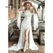 Robe Boheme Split Side Lace Boho Off Shoulder WeddingDress with DetachableSleeve