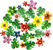 64 Pcs Tropical Palm Leaves and Hawaii Flowers Cupcake Toppers Hawaii Theme Cake Decoration for Jungle Summer Party Birthday Wedding Cake Decor