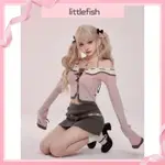 【LITTLEFISH】少女椰子 粉霧詩集 秋季粉色一字領 小性感 長袖毛針織衫 毛衣 上衣+半身裙兩件套 套裝有大尺碼