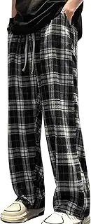 [Generic] Men's Plaid Pants with Pockets Loose Casual Pants Black Household Pants Elastic Waist Drawstring Straight Leg Pants
