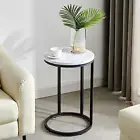 Modern C-Shaped End/Side Table Black Metal Frame/ Round Marble Color Top 15.75in