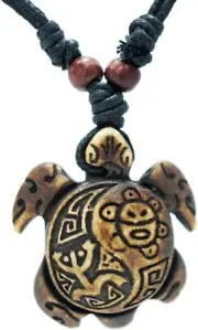 Brown Wood Turtle Pendant Rope Necklace Coqui Taino Sun, Cotton Cord Yin Yang