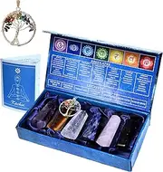 KACHVI Healing Crystals and Stones Crystal Gifts Meditation Spiritual Gifts Rose Quartz Crystals Clear Quartz Amethyst Black Lapis Tiger Wands with Tree of Life 2.25”-2.50" 6 Faced Set of 6