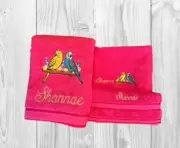 Bath Sheet/ Bath Towel/ Hand Towel Set embroidered with 2 x Budgies