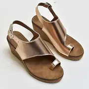 [XWCG] Women's Platform Sandals Leather Wedge Ankle Strap Open Toe Sandals with Arch Support Summer Ring Toe Casual Bunion Flip Flops Shoes,Gold,US7.5/EU39