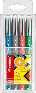 STABILO Rollerball worker+ colorful - Pack of 4 - Green, Red, Blue, Black, 0.5 mm Medium Tip, Non-Slip Grip, Smooth Writing