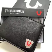 NWT TRUE RELIGION Slim Bifold Wallet Leather Logo Black Boxed ID Horner RFID X
