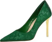 [YGJKLIS] Women's 10.5CM Satin Printing Stiletto Pump Pointed Closed Toe Slip On Shoe Fashion Vintage Bridal Party Wedding High Heel, Green, 4.5