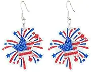 [COLORFUL BLING] 4th of July Earrings Shinning Fireworks American Flag Flower Gnome Acrylic Dangle Earrings Red White Blue Star USA Independence Day Drop Earring for Women Patriotic Memorial Jewelry