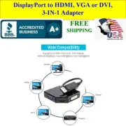 DisplayPort Male to HDMI, VGA or DVI Female, 3-IN-1 Adapter. Unidirectional