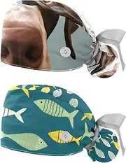 [YTYVAGT] 2-Pc,Nurse Scrub Caps,Scrub Hats with Buttons and Cotton Sweatband,Black White Dog
