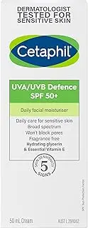 Cetaphil UVA/UVB Defence SPF 50+ | 50mL | Daily Facial Moisturiser with Sun Protection| For All Skin Types | Broad Spectrum UVA/UVB Protection Sunscreen | Non-Comedogenic | Hypoallergenic | With Hydrating Glycerin & Essential Viamin E
