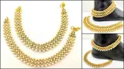 White LCT Cz Pearl Gold Plated Anklet Payal Bollywood Style Indian Women Jewelry
