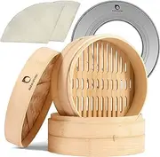 Bamboo Steamer Basket - 2-Tier Dumpling Steamer - 10 Inch Bamboo Steamer for Cooking Dim Sum, Momo, Rice - Bao Bun Steamer - Steaming Basket - Natural Chinese Steam Baskets with Steamer Ring Set