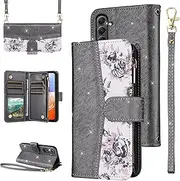 [Furiet] for Samsung Galaxy A14/M14 5G Floral Wallet Case with Flip Zipper Purse Wrist Strap Shoulder Strap, Luxury Glitter PU Leather Card Holder Stand Cell Phone Cover for A 14 4G 14A 14M G5 Black