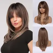 Long Layered Wig with Bangs, Brown Ombre Straight Hair, Natural Looking Wigs for Women Daily Party Use