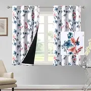 [Smarcute] 100% Blackout Curtains 160cm Drop 2 Panels Set Cattleya Floral Printed Blockout Light Leah Floral Thermal Curtains for Bedroom with Black Liner Sound Proof Curtains,Stone Blue and Coral