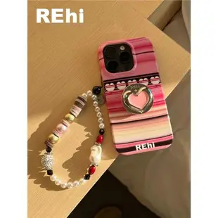 Rehi 條條桃心愛心粉色iPhone15Pro手機殼x閃亮心心小眾氣囊手機支架