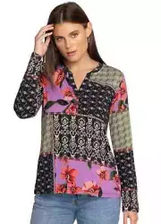 Johnny Was womens Zanda Split Neck Top XXS Floral Long Sleeve Knit $138