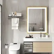 LUVODI Bathroom Mirror with LED Light: 600x800mm Illuminated Dimmable Rectangular Wall Vanity Mirror with Anti-Fog Golden Frame 3 Colour Lighting, IP56 Rated [Energy Class E]